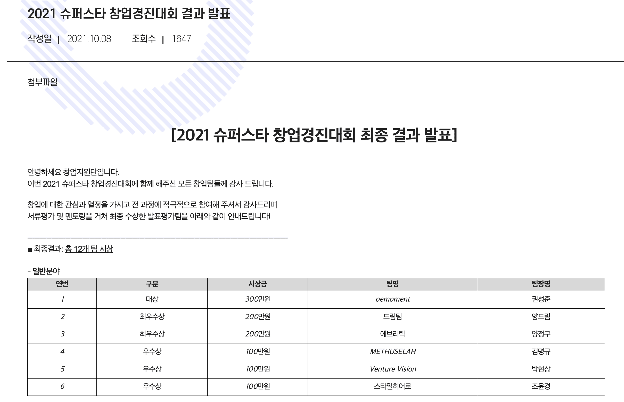 2021 Soongsil University Superstar Startup Competition certificate